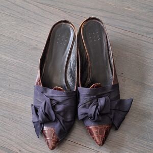 Trademark 38 Adrien Tie Mules Brown Croc Embossed Navy Slide Wedge Minimalist